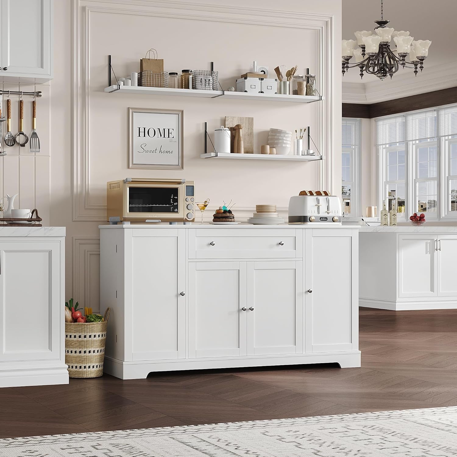 54" Buffet Cabinet with Storage, Modern Kitchen Buffet Sideboard with Drawer, Wood Coffee Bar Station with Adjustable Shelves, Kitchen Storage Cabinet for Living Room, White