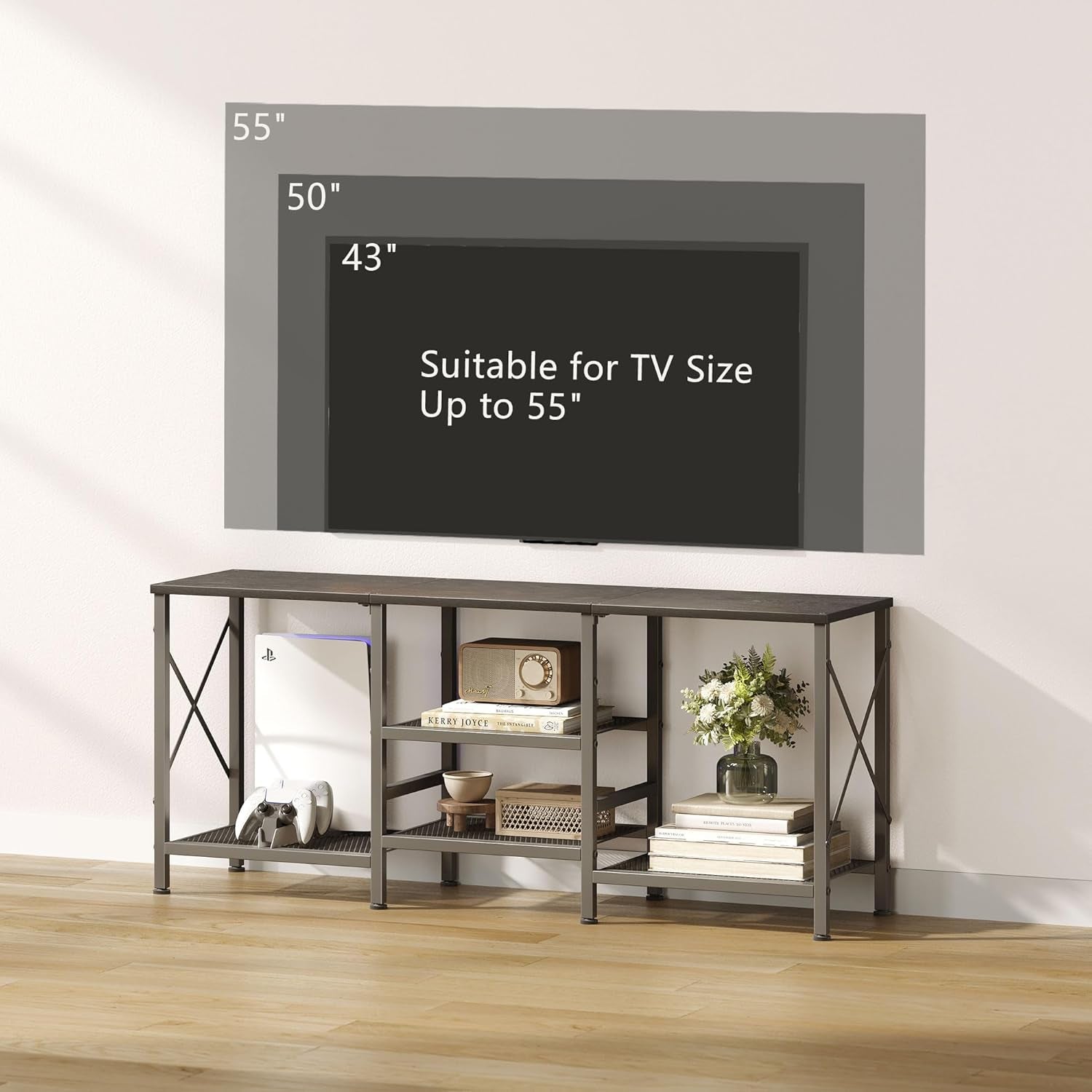 TV Stand for 55 Inch TV, Entertainment Center with 3-Tier Open Shelves, TV Console Table for Living Room, Bedroom, Black