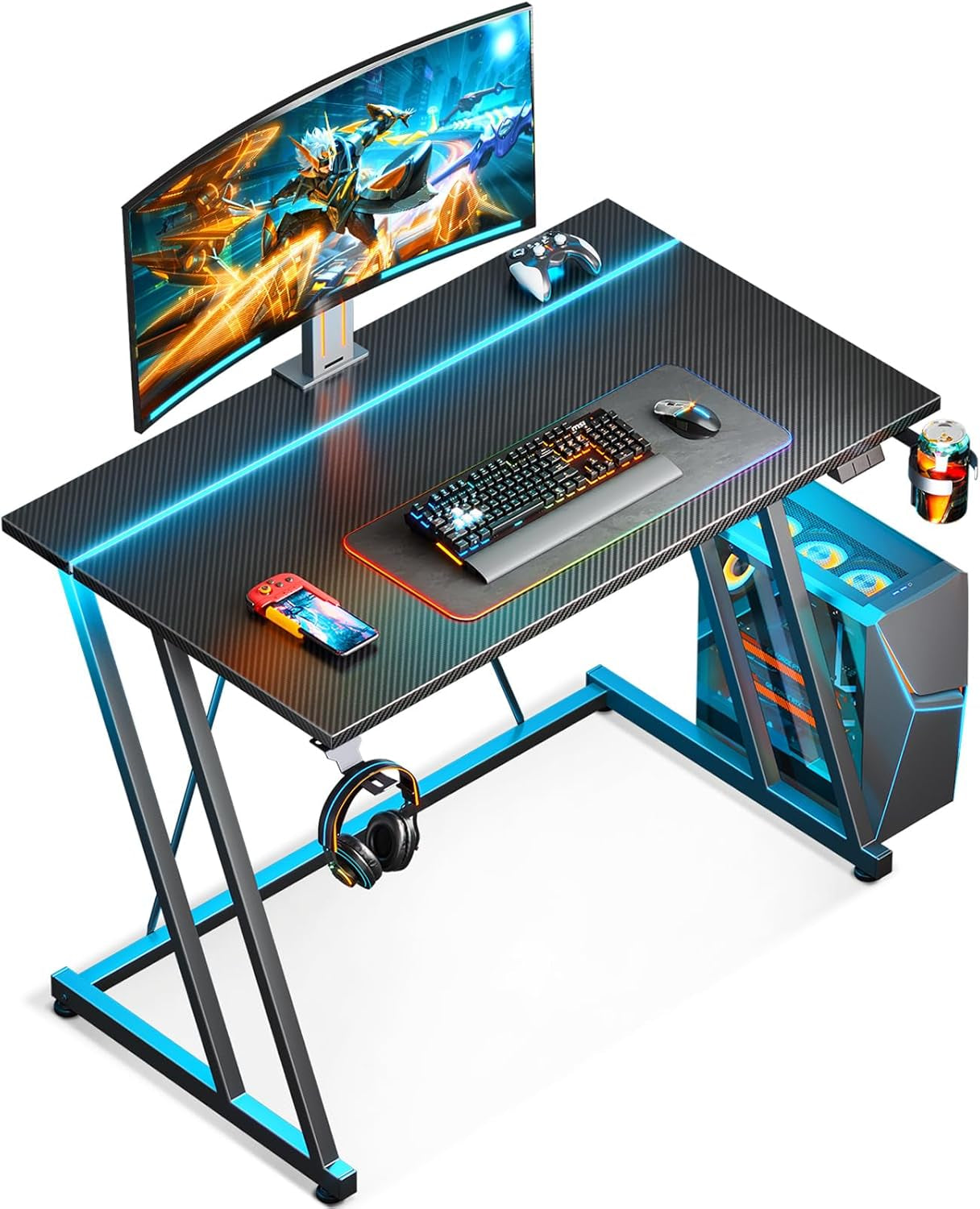 32 Inch Small Gaming Desk with LED Light, Computer Desk for Small Space, Gaming Table with Carbon Fiber Texture, Kids PC Desk Gift for Boys Men, Black