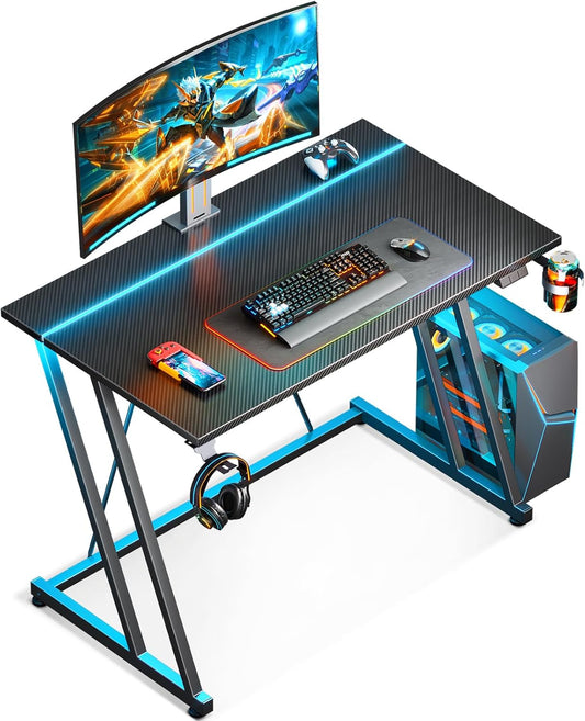 32 Inch Small Gaming Desk with LED Light, Computer Desk for Small Space, Gaming Table with Carbon Fiber Texture, Kids PC Desk Gift for Boys Men, Black