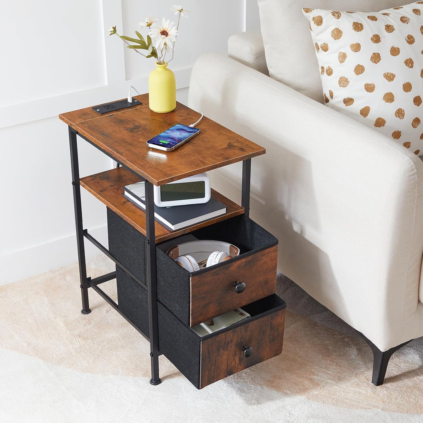 End Table with Charging Station, Narrow Side Table, Nightstand with 2 Non-Woven Drawers, Slim Sofa Side Table, for Small Spaces, Living Room, Bedroom, Rustic Brown and Black BF486UBZ01