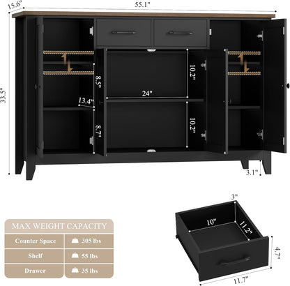 55" Buffet Cabinet with Storage, Kitchen Buffet Sideboard with Drawers, Large Storage Cabinet with Doors and Shelves, Modern Farmhouse Coffee Bar for Kitchen, Dining Room, Living Room, Black
