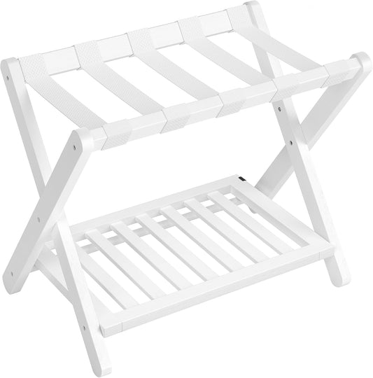 Solid Wood Luggage Rack, No Assembly Required, Foldable Suitcase Stand, Luggage Holder, with Storage Shelf, for Guest Room, Hotel, Bedroom, Cloud White URLR020W02