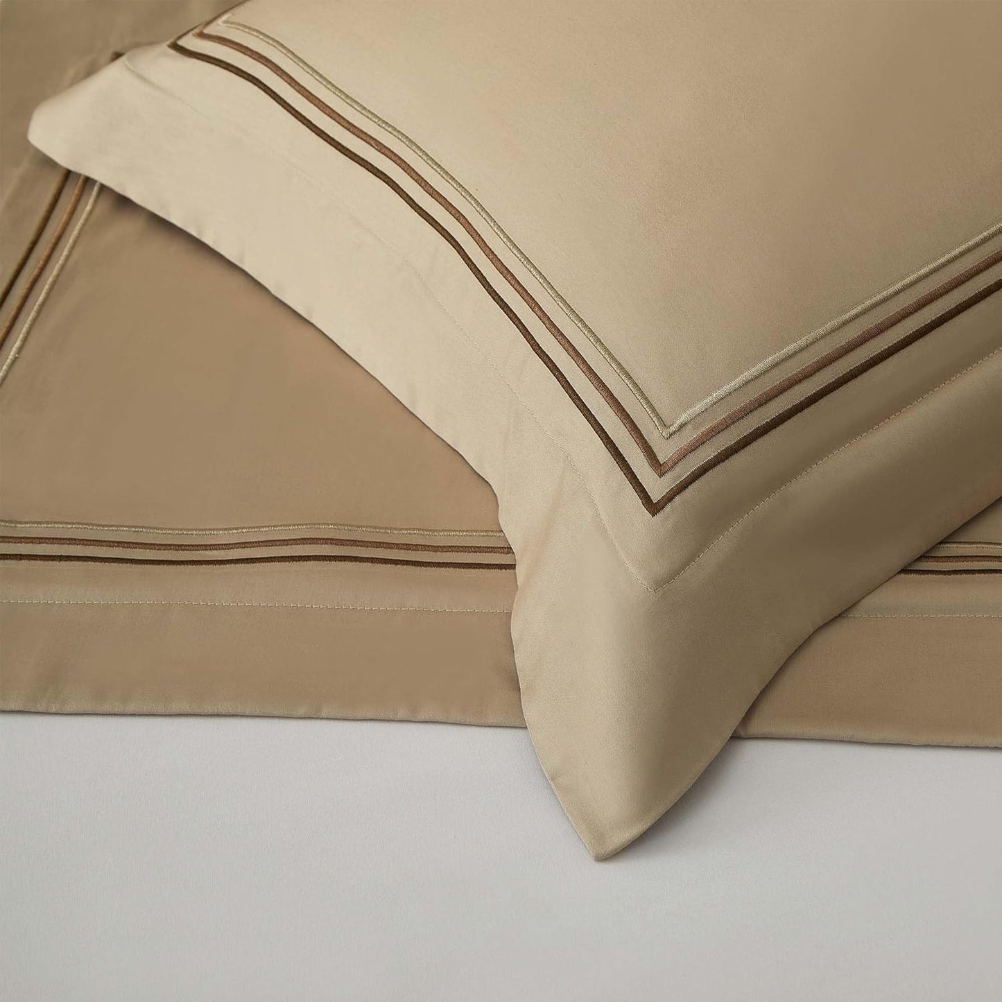 King Size Pillow Shams Set of 2, 100% Cotton Pillowcases with 3 Embroidered, 300TC Elegant Luxury Hotel Decorative Pillow Cases with Envelope Closure, Khaki 20X36 Inches