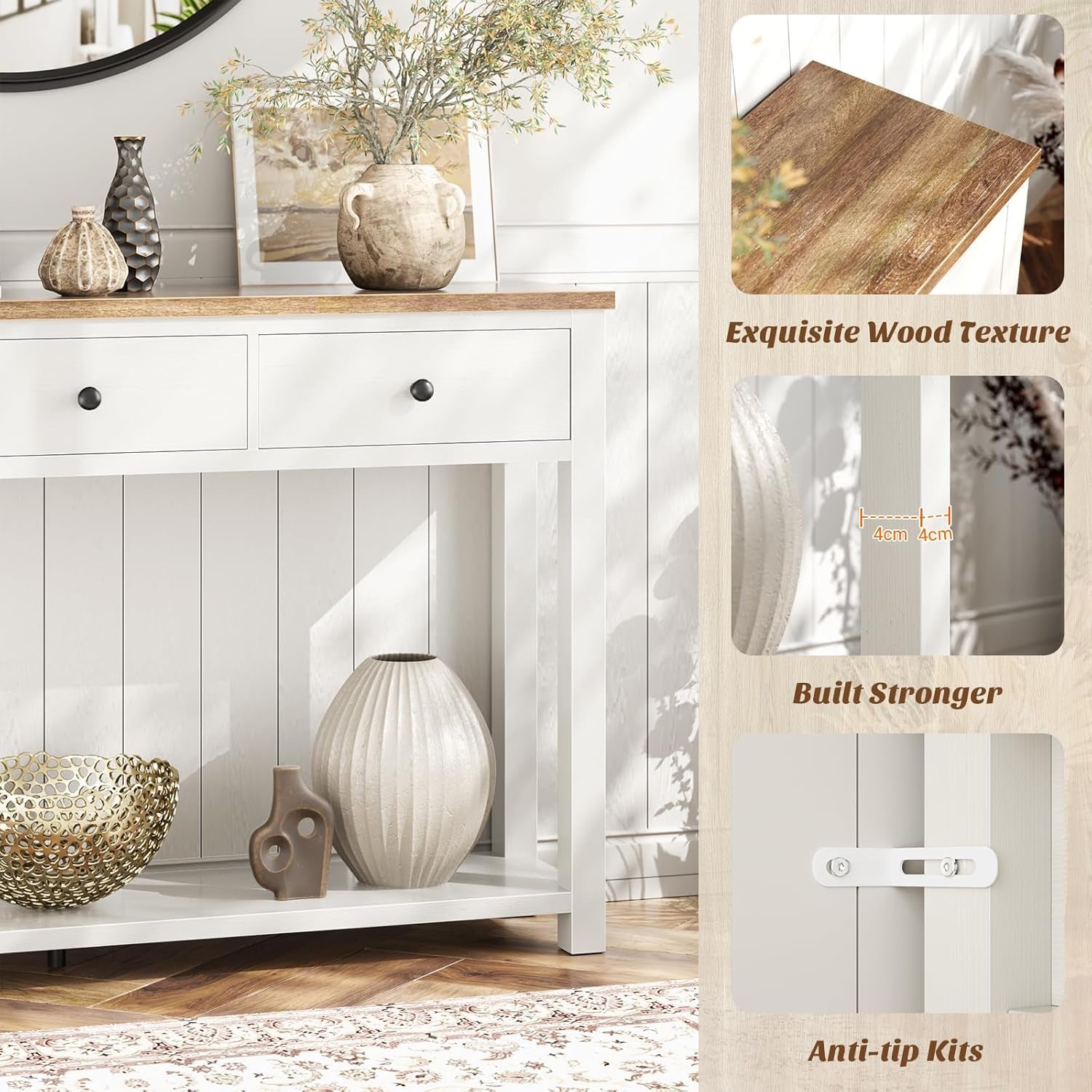 Farmhouse Console Table with 3 Drawers, 47 Inch Wood Sofa Table with Storage Shelf for Living Room, behind Couch, Entryway Table for Hallway, Living Room, or Foyer, Rustic Brown and White