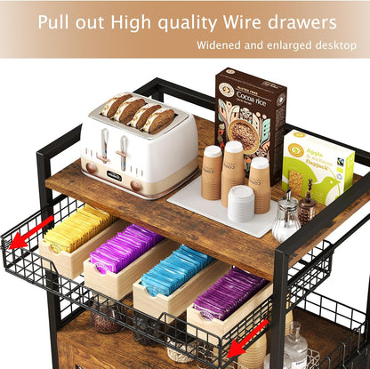 Coffee Bar Cabinet, 3 Tier Coffee Station Table on Wheels, 35.9" H Bar Cart with Wire Basket Drawer & 5 Hooks for Home Kitchen, Liquor Buffet Sideboard Cabinet (Rustic Brown)