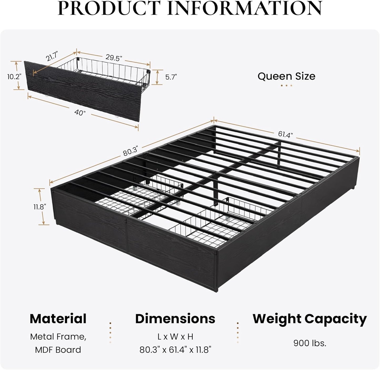 Queen Platform Bed Frame with 2 Large Storage Drawers, Rustic Wood and Metal, Noise-Free, Easy Assembly, No Box Spring Needed, Black