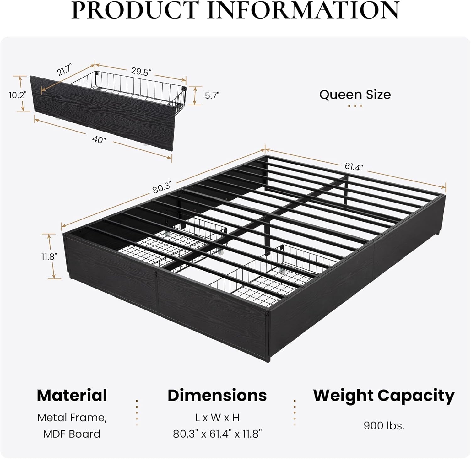 Queen Platform Bed Frame with 2 Large Storage Drawers, Rustic Wood and Metal, Noise-Free, Easy Assembly, No Box Spring Needed, Black