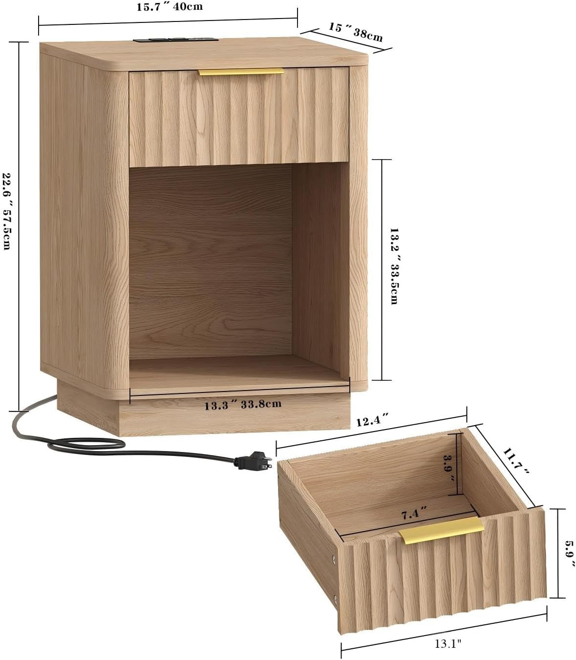 Fluted Nightstands Set of 2, Wooden Night Stand with Charging Station and LED Light, Modern Mid Century Bed Side End Table with Drawer, 15" D X 15.7" W X 22.6" H, for Bedroom, Natural Oak