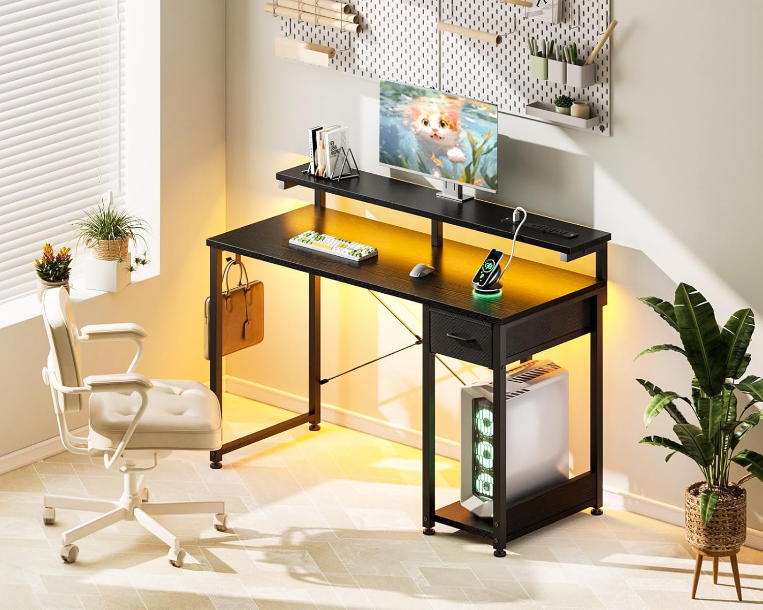 Gaming Desk with LED Lights & Power Outlet, 40 Inch Computer Desk with Drawer, Reversible Small Desk with Monitor Stand & Headphone Hook for Home Office, Black