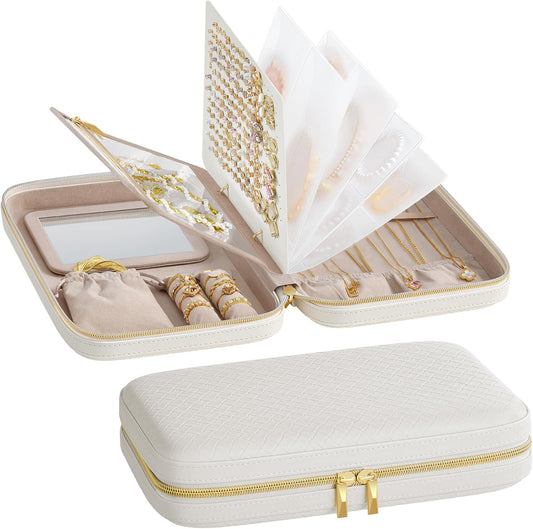 Travel Jewelry Case, Jewelry Organizer Box with Mirror, Jewelry Pouch, Woven Embossed PU Leather, Hard Shell, Large Capacity, Gift Idea, Cloud White UJBC204W01