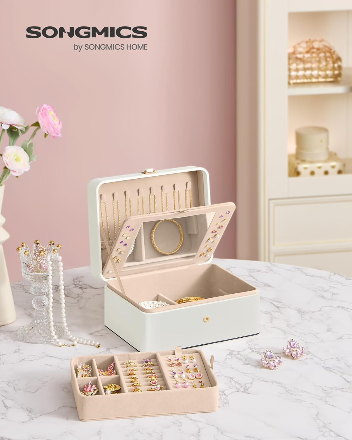 Jewelry Box Organizer with Mirror, 2-Layer Jewelry Holder Case, Removable Tray, 6.9 X 8.7 X 4.3 Inches, Earring Necklace Storage, Gift Idea, Cloud White UJBC200W01