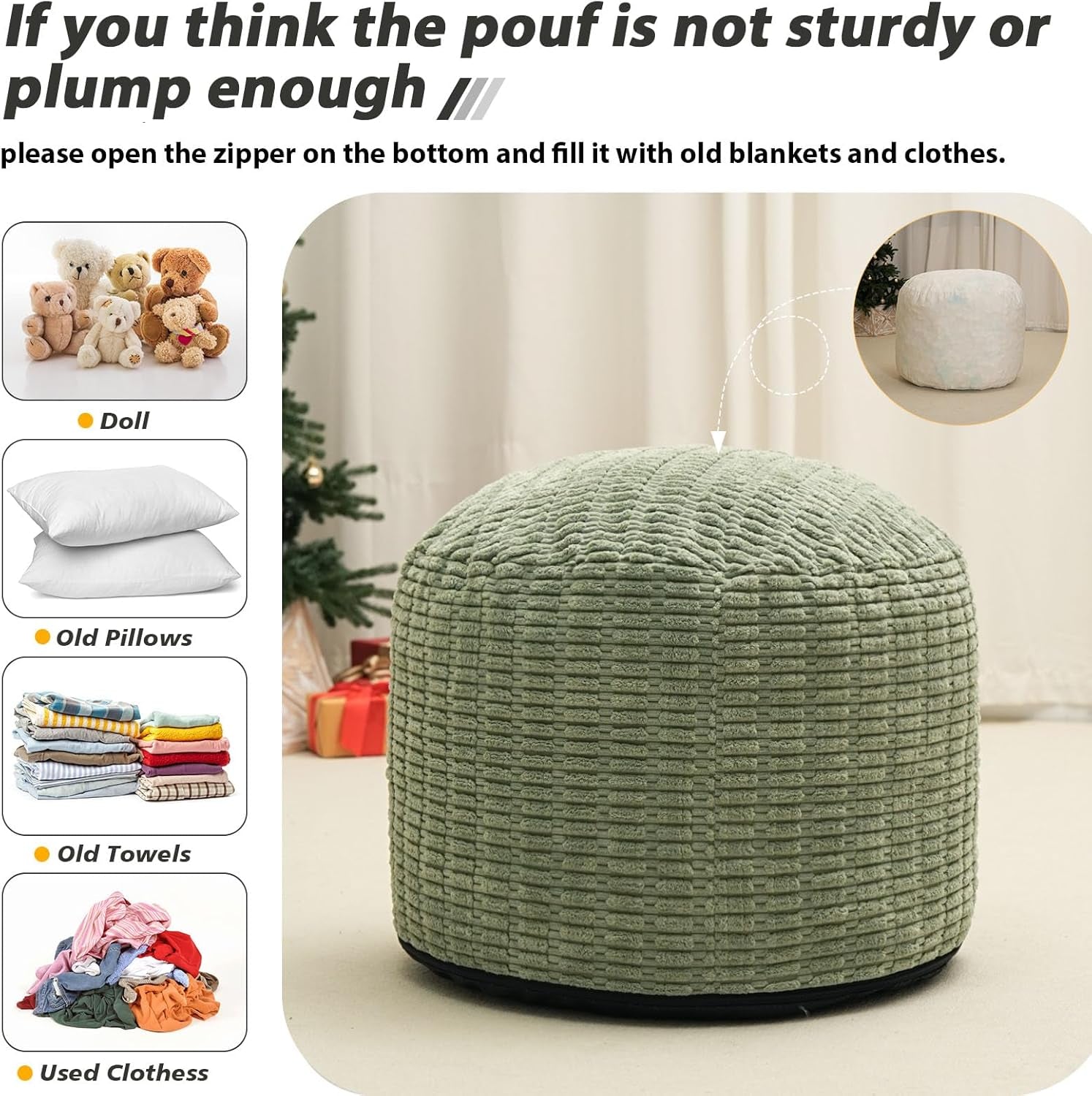 Round Stuffed Pouf Ottoman for Foot Rest, Storage Ottoman Pouf Foot Stool Cushion, Faux Fur Poufs with Foam Chunk Filling, 26 X 18 Inch Floor Chair for Living Room Bedroom Home Decor, Green