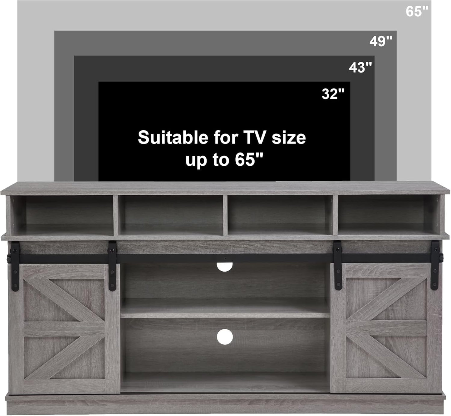 58" TV Stand, Modern & Farmhouse Wood Entertainment Center for Tvs up to 65", with Sliding Barn Door, Storage Cabinet Table, Adjustable Shelves (Gray)