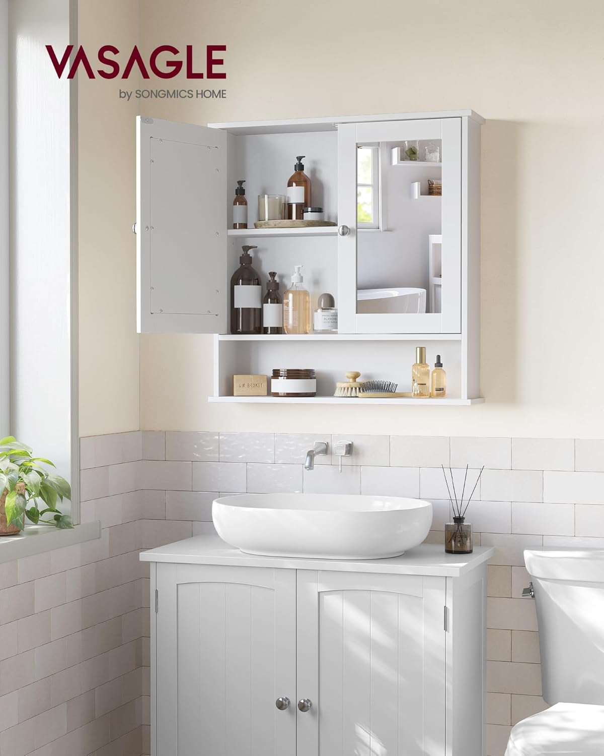 Bathroom Cabinet with Mirror, Wall Cabinet with 2 Mirrored Doors, Adjustable Shelf, Open Compartment, Wall-Mounted, 5.1 X 22.2 X 23 Inches, Sage Green ULHC002C02