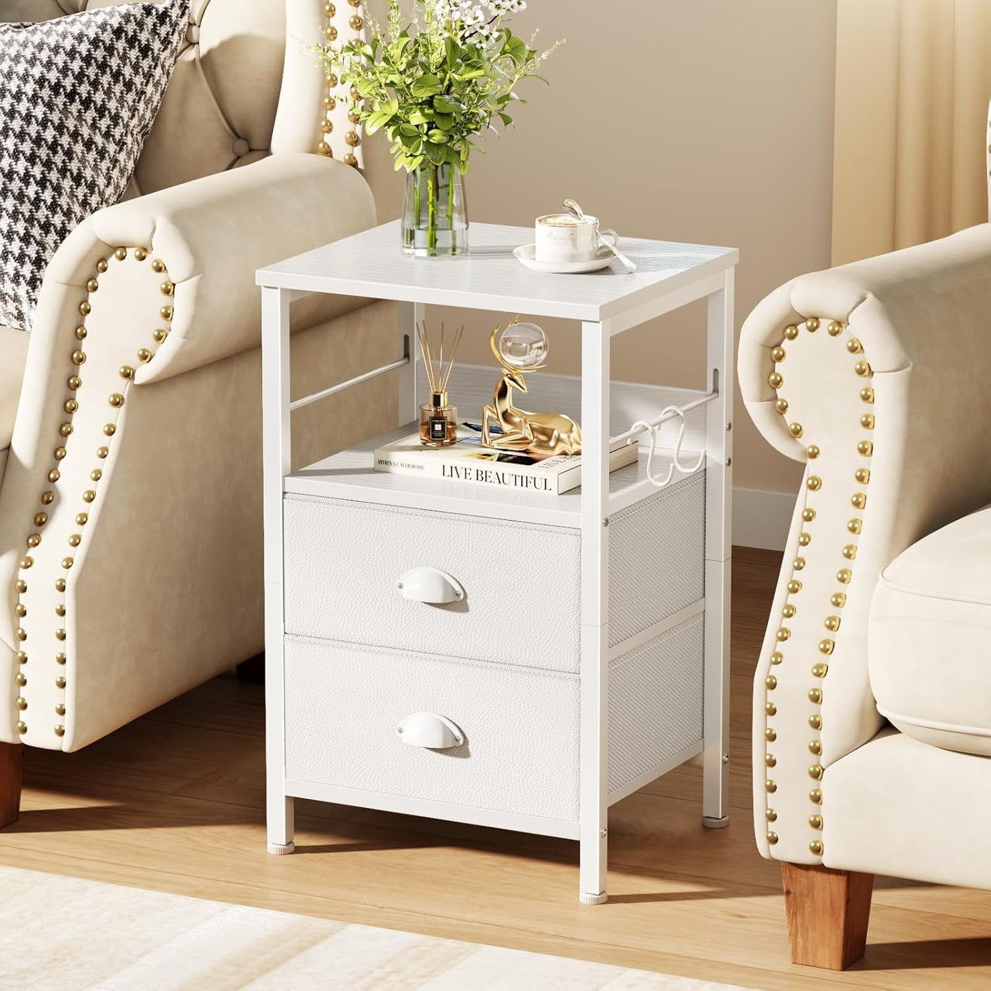 Nightstands Set of 2, End Table with 2 Fabric Drawers, Night Stand with 2 Hooks, Open Wood Shelf Bedside Table for Bedroom/Living Room/White