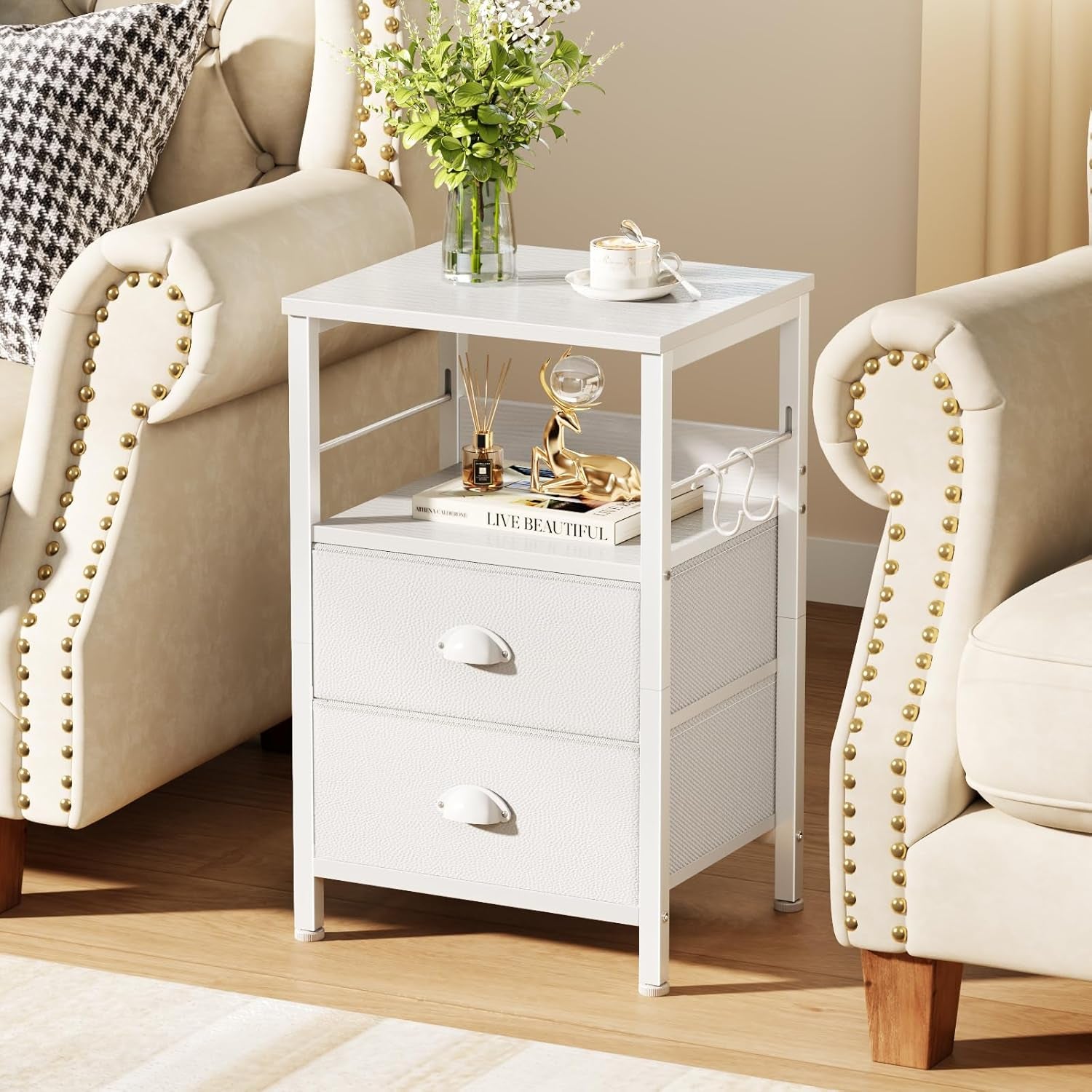 Nightstands Set of 2, End Table with 2 Fabric Drawers, Night Stand with 2 Hooks, Open Wood Shelf Bedside Table for Bedroom/Living Room/White