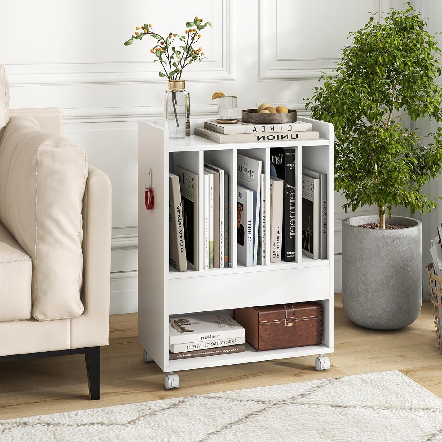 Record Player Stand, Rolling Turntable Stand with Drawer & Lockable Wheels, Record Player Table Holds up to 150 Albums, Vinyl Record Storage for Living Room Bedroom, White
