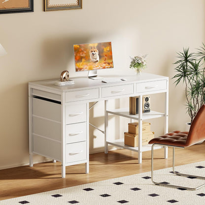 47" Computer Desk with 6 Drawers, Home Office Gaming Desks with Storage Shelves for Bedroom, Writing Study Corner Living Room Work Table White