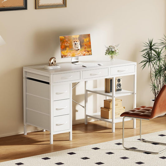 47" Computer Desk with 6 Drawers, Home Office Gaming Desks with Storage Shelves for Bedroom, Writing Study Corner Living Room Work Table White