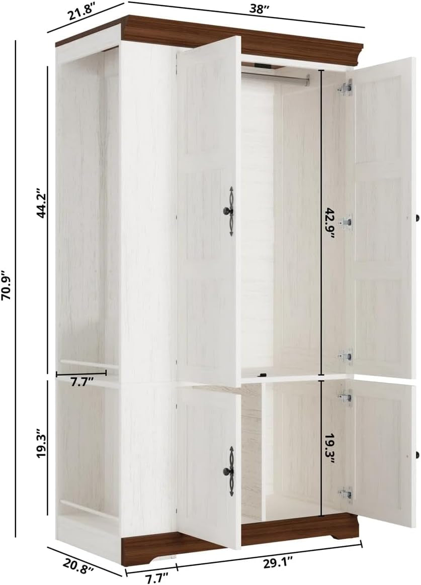 Armoire Wardrobe Closet with Side Half Mirror, 70" Freestanding 4-Door Storage Cabinet for Bedroom, Features Side Hooks, Open Compartments, Hanging Rod & Shelves, White Armoire