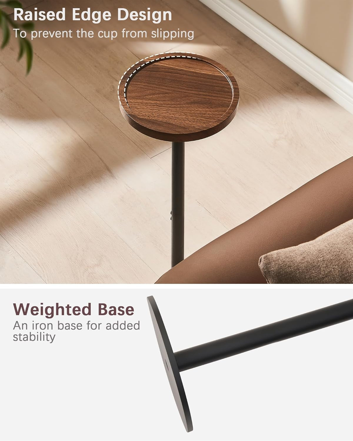 Drink Table, Small Pedestal Side Table, round Cocktail Table, End Table with Metal Base, for Small Spaces, Walnut Brown