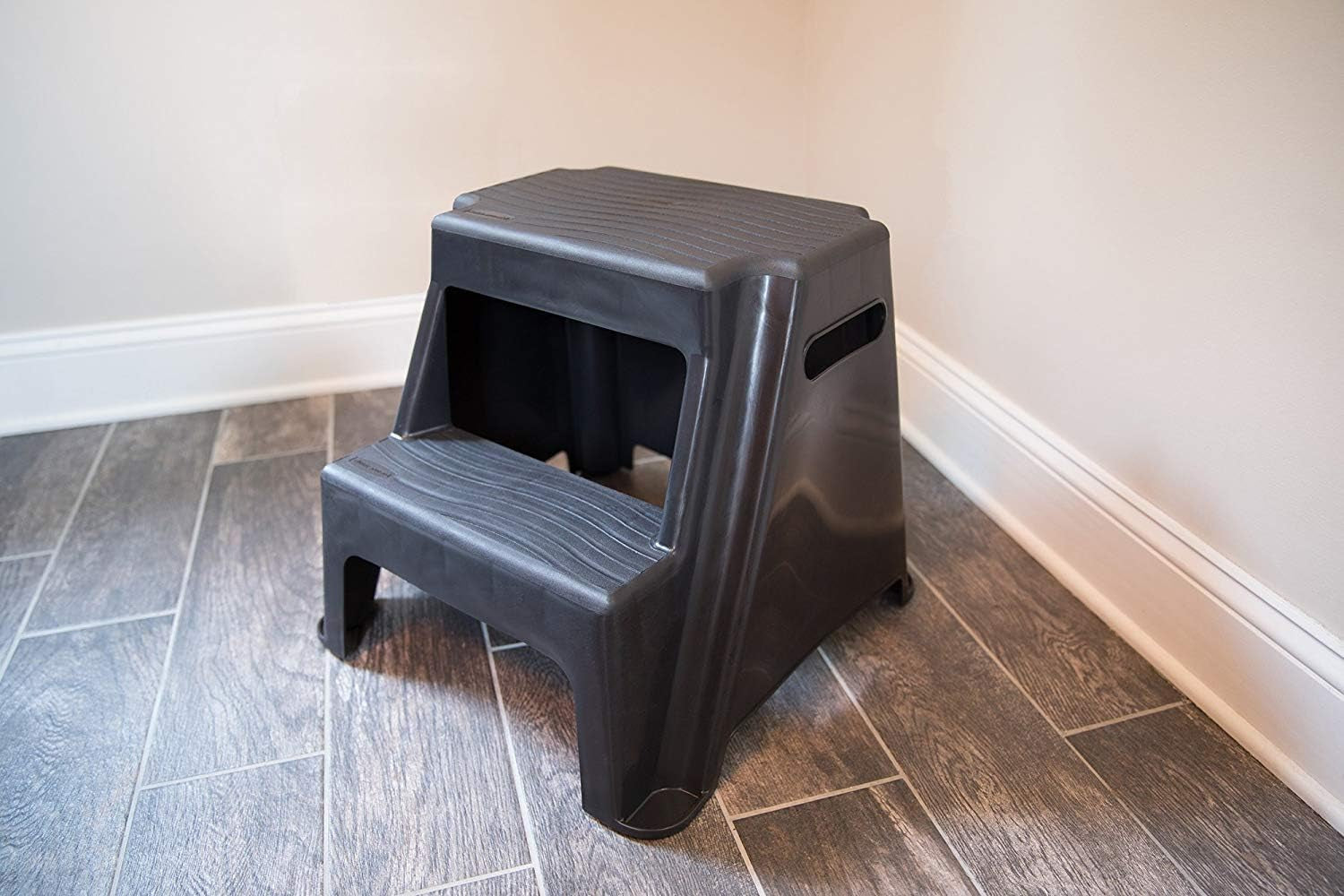 2-Step Molded Plastic Step Stool, Lightweight with Slip Resistant Treads and Non-Slip Feet, Black (Amazon Exclusive)
