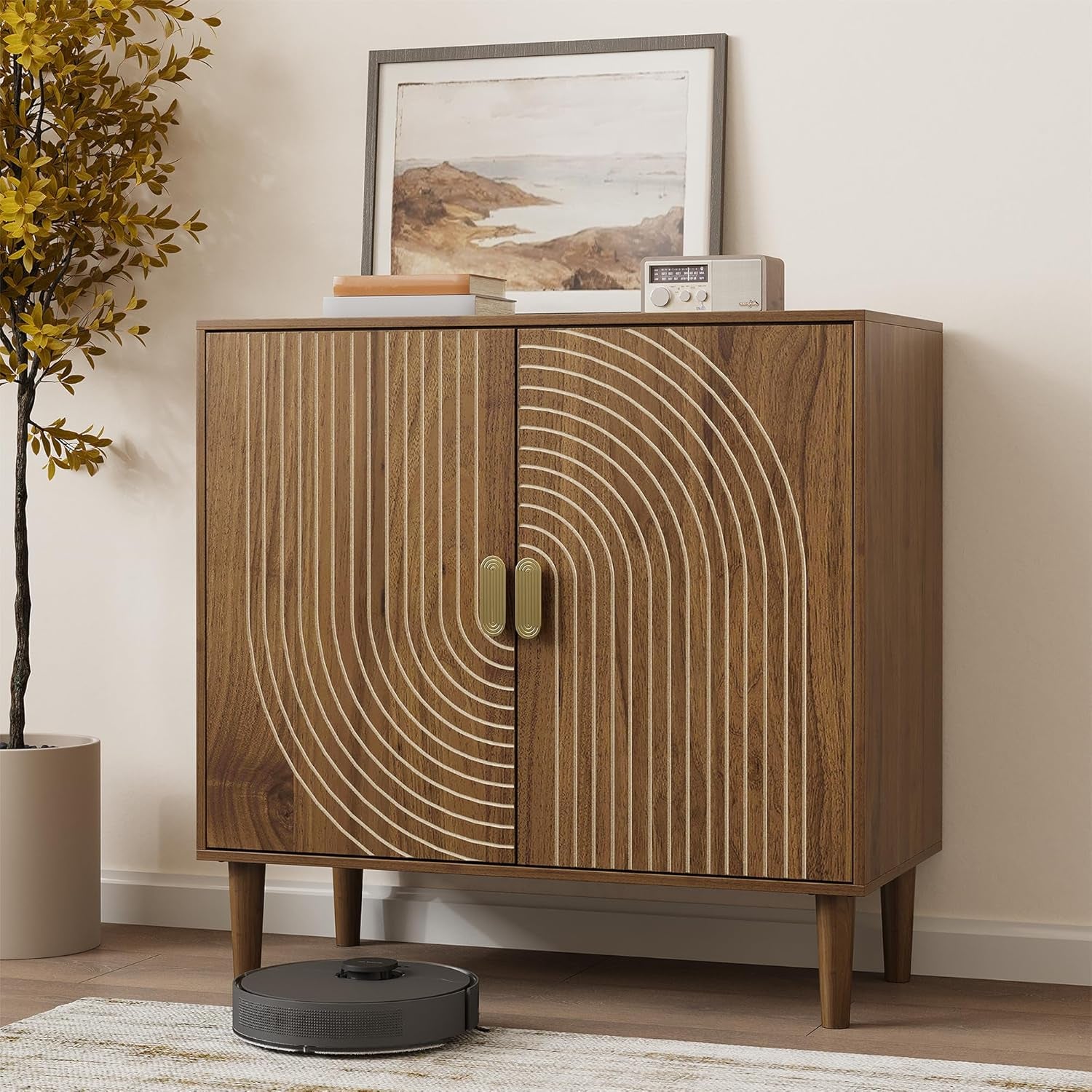 Walnut Sideboard Cabinet, Freestanding Buffet Cabinet with Line Groove Design, Wood Storage Cabinet with Adjustable Shelf for Living Room, Entryway, Hallway