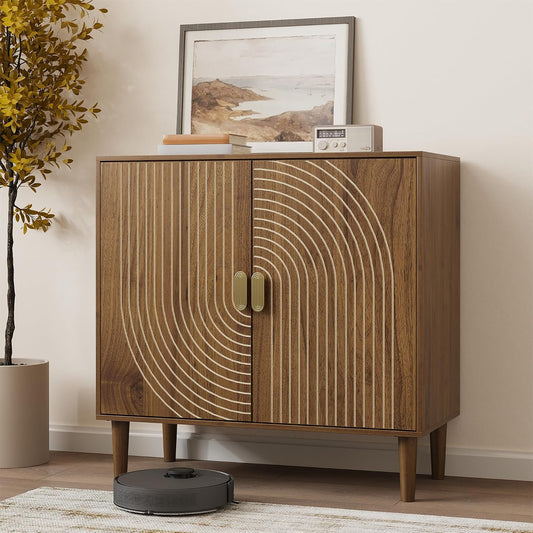 Walnut Sideboard Cabinet, Freestanding Buffet Cabinet with Line Groove Design, Wood Storage Cabinet with Adjustable Shelf for Living Room, Entryway, Hallway