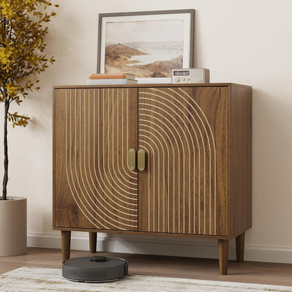 Walnut Sideboard Cabinet, Freestanding Buffet Cabinet with Line Groove Design, Wood Storage Cabinet with Adjustable Shelf for Living Room, Entryway, Hallway