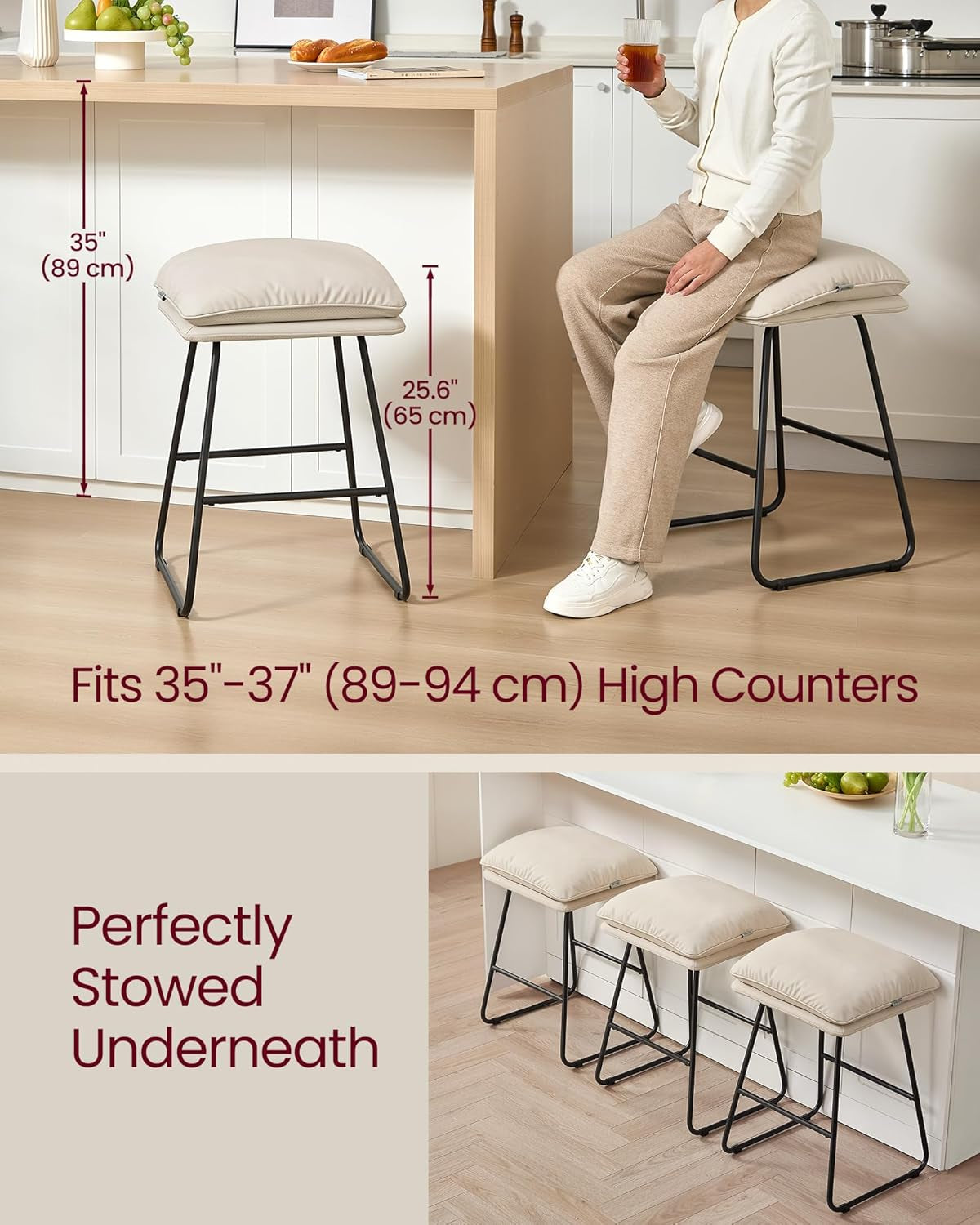 Bar Stools Set of 2, Counter Height Bar Stools, Leather Counter Stools Barstools with Soft Cushion and Metal Sled Legs, 25.6 Inches Bar Height Bar Chairs for Kitchen Island, Cappuccino Beige