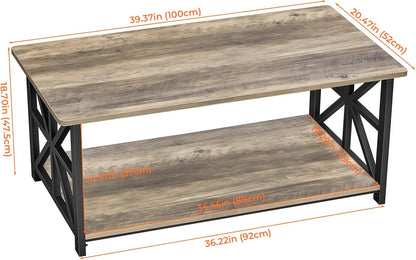 Coffee Table for Living Room with round Corners Farmhouse Style Center Table with Storage Shelf 39 Inch Space Saving Easy Assembly Gray Wash