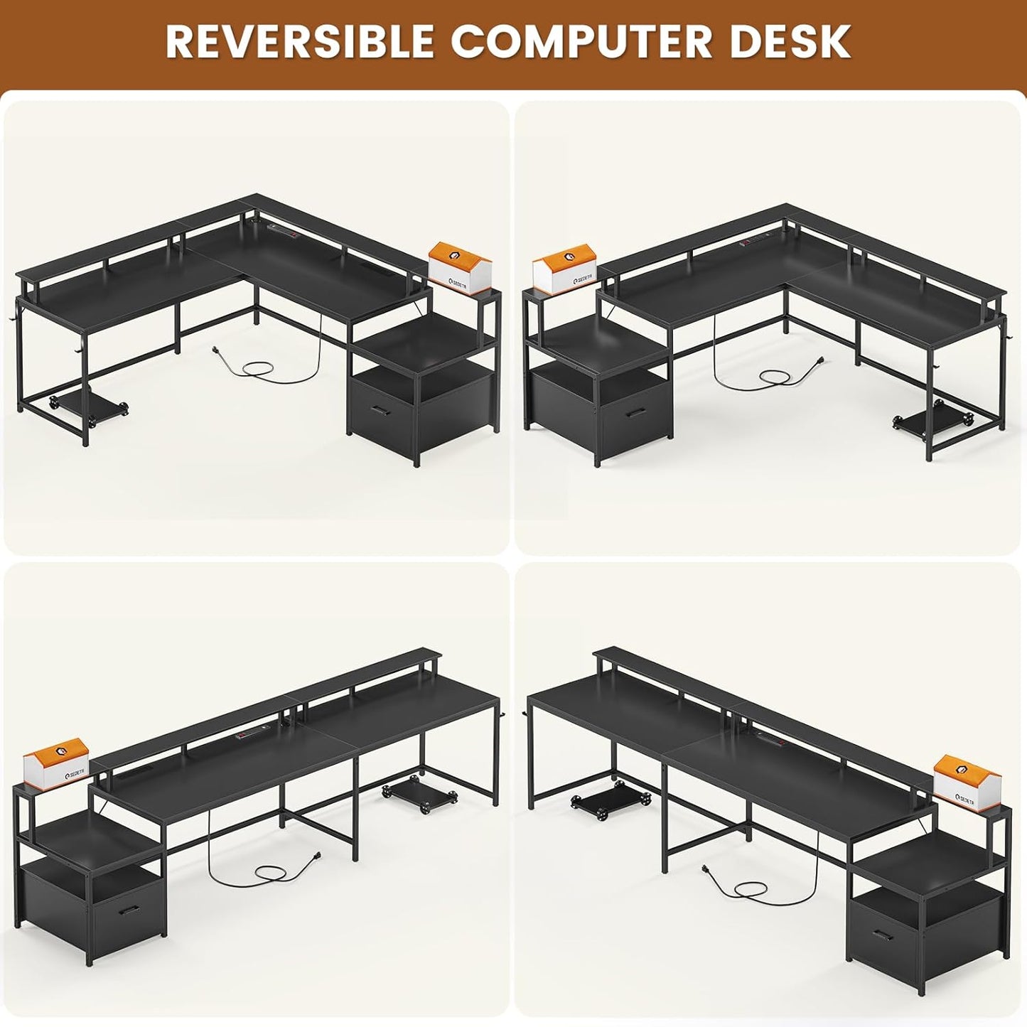 L Shaped Gaming Desk, 66" Home Office Desk with Wood File Drawer & Power Outlet, Corner Gaming Computer Desk with Led Lights, Monitor Shelf and Printer Storage Shelves, Two Person Desk, Black