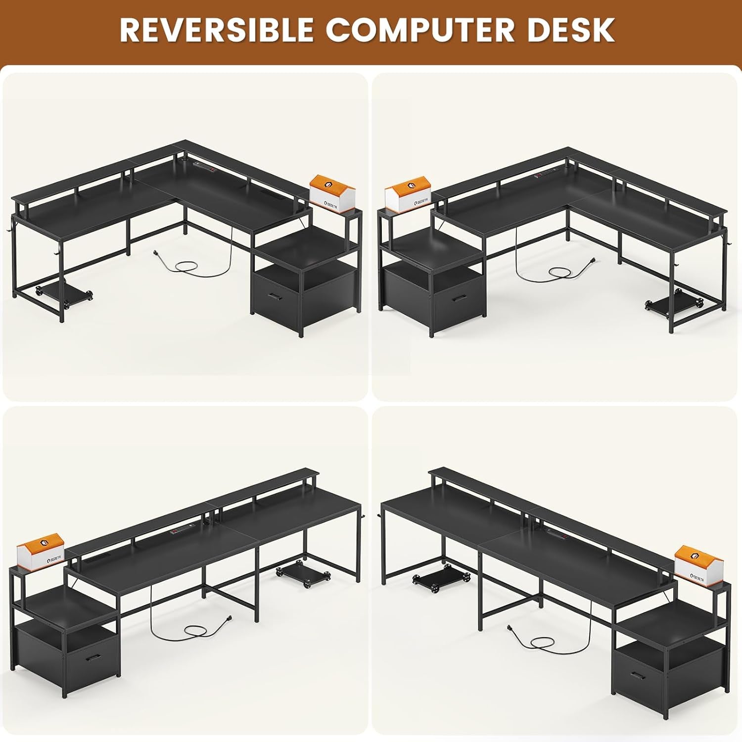 L Shaped Gaming Desk, 66" Home Office Desk with Wood File Drawer & Power Outlet, Corner Gaming Computer Desk with Led Lights, Monitor Shelf and Printer Storage Shelves, Two Person Desk, Black