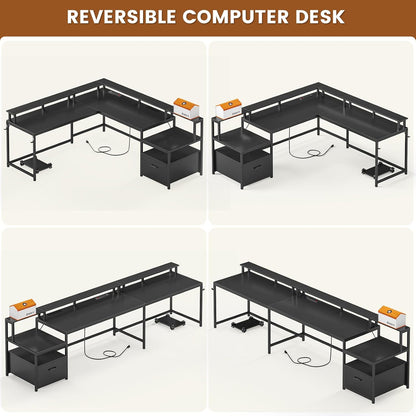 L Shaped Gaming Desk, 66" Home Office Desk with Wood File Drawer & Power Outlet, Corner Gaming Computer Desk with Led Lights, Monitor Shelf and Printer Storage Shelves, Two Person Desk, Black