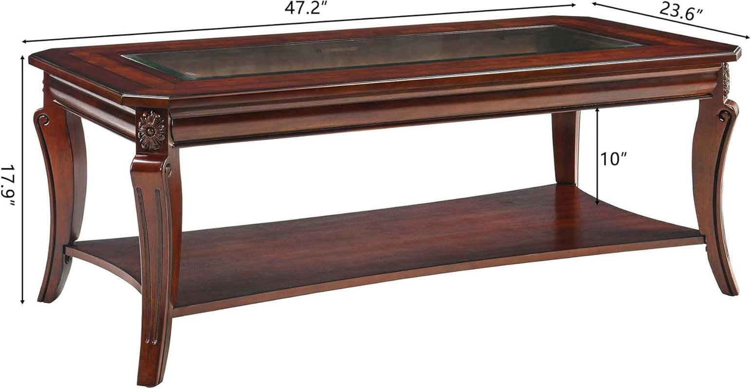Living Room Tables Set of 3- One Coffee Table and Two End Table with Tempered Glass Top, Mid-Century Sofa beside Table and Center Table with Carved Legs, Easy Assembly Cherry Brown KFZ-CJZ-A1168-GT