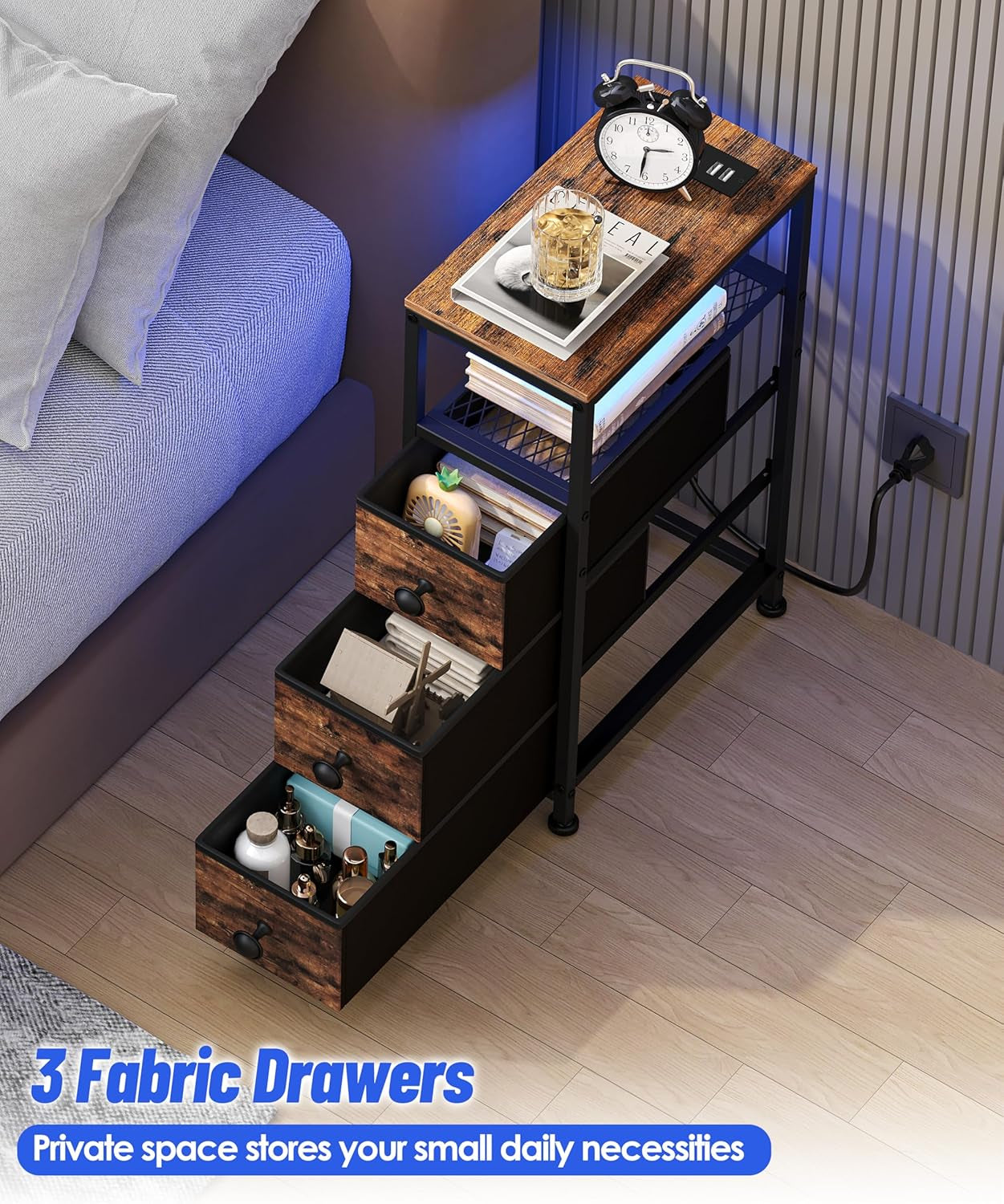Narrow End Table with Charging Station, 7.9" Wide Couch Side Table with LED Light, Skinny Nightstand with 3 Fabric Storage Drawers, Slim Bedside Table for Bedroom, Small Spaces, Rustic Brown