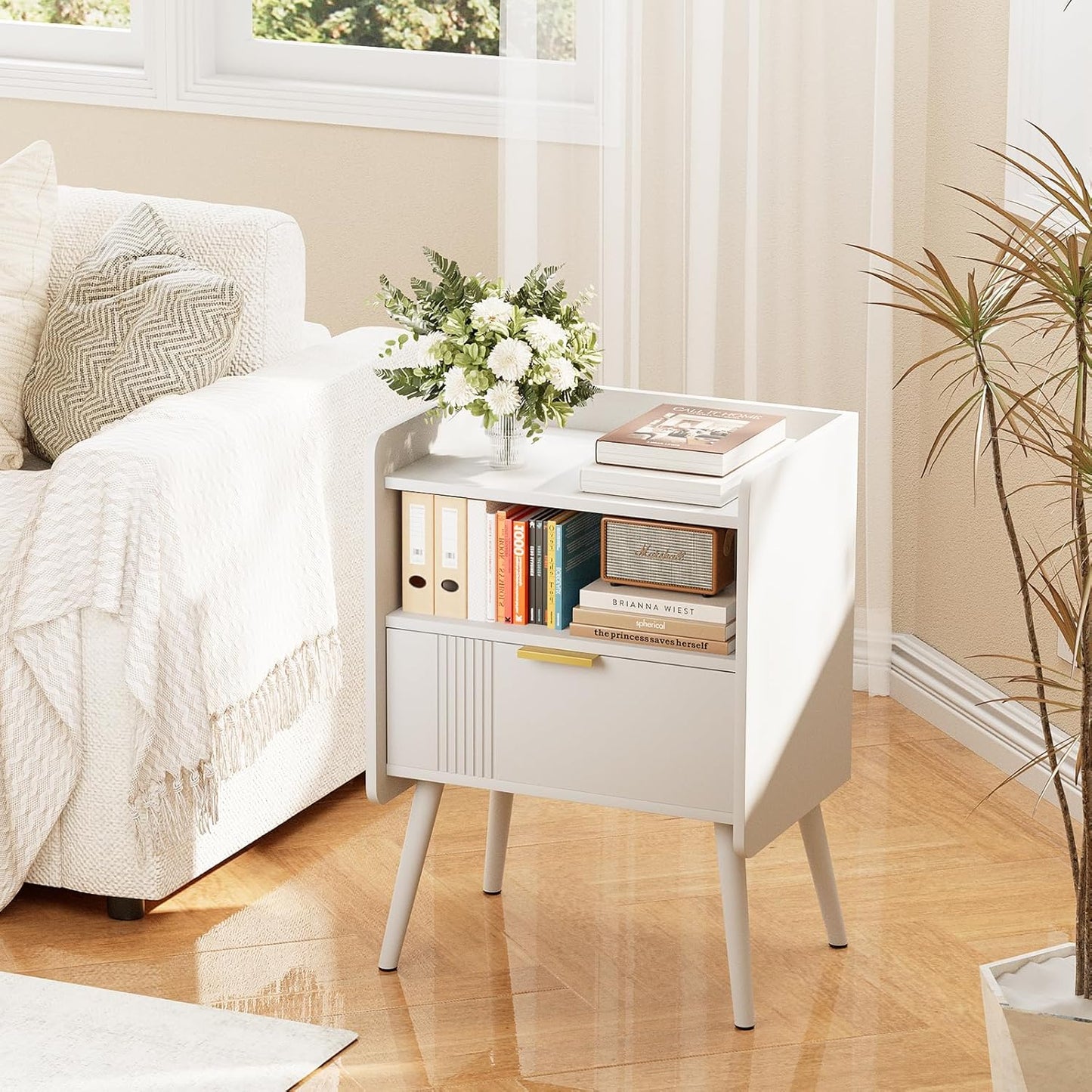 Night Stand Modern End Table with Storage Drawer and Open Shelf, Small Bedside Table, Wooden Sofa Side Stand for Bedroom,Study Room and Small Spaces (White)