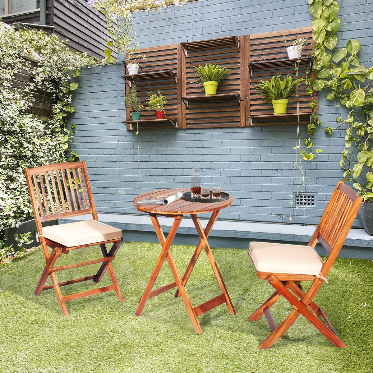 3-Piece Acacia Wood Folding Patio Bistro Set, Small Outdoor Balcony Furniture, round Coffee Table and 2 Chairs with Soft Cushions, Teak Table Set for Porch, Backyard, Deck (Cream White)