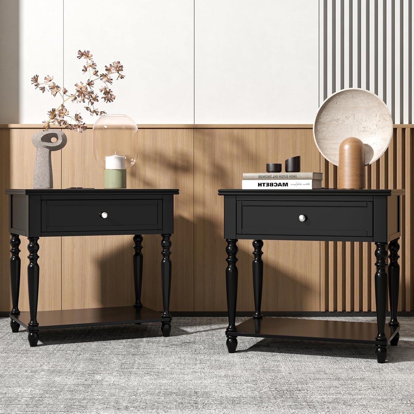 Solid Wood Nightstand with Charging Station, Traditional End Table with Drawers and Open Shelf, Bedside Table with Storage, Modern Side Table for Bedroom Set of 2, Black