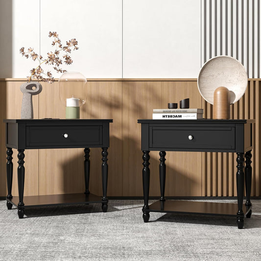 Solid Wood Nightstand with Charging Station, Traditional End Table with Drawers and Open Shelf, Bedside Table with Storage, Modern Side Table for Bedroom Set of 2, Black