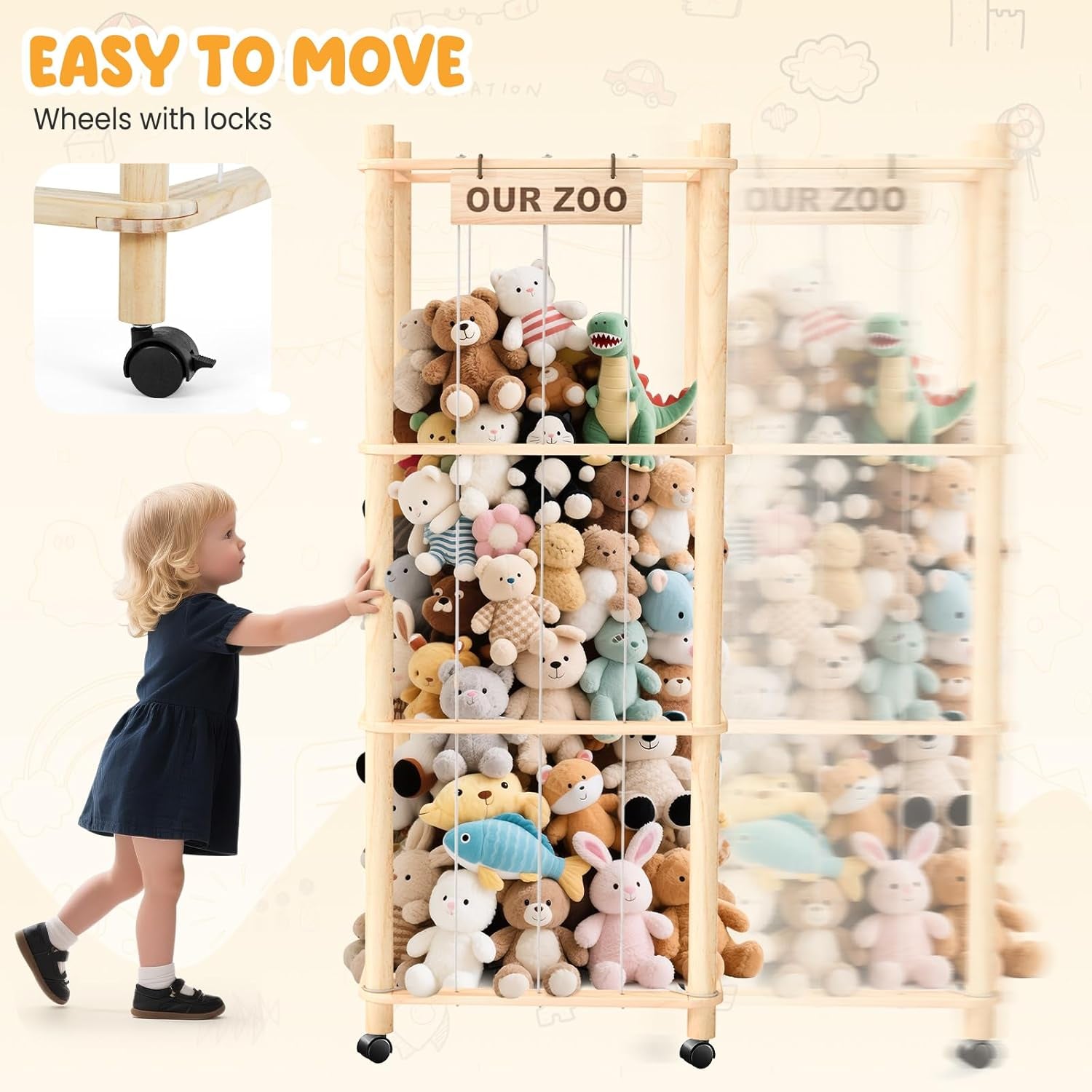 Extra Large Stuffed Animal Storage Zoo with Wheels – Plush Toy Organizer Cage, Space-Saving Rolling Holder for Kids’ Bedroom & Playroom