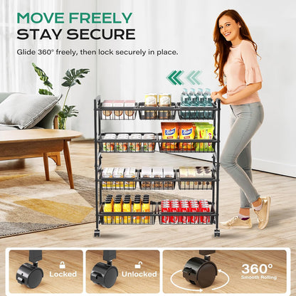4-Tier Snack Cart with Wheels, 29''W Toy Storage Organizer, Rolling Pantry Storage Cart with 10 Wire Baskets & Handle,Adjustable Metal Snack Rack, Kitchen Organizer for Fruit, Vegetables(Black)