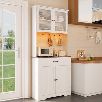 71" H Storage Cabinet with Strip Light, Kitchen Pantry Cabinet with Doors and Drawers, White Hutch with Charging Station and Adjustable Shelves, for Coffee Bar, Dining Room, Table Top-Retro