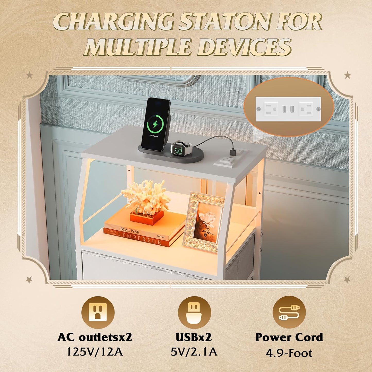 Night Stand with Charger Station, White Nightstand with LED Light and 4 Storage Drawers, Tall Dresser for Bedroom, 37.48" H Bedside Table with Fabric Bins, Wood Shelf