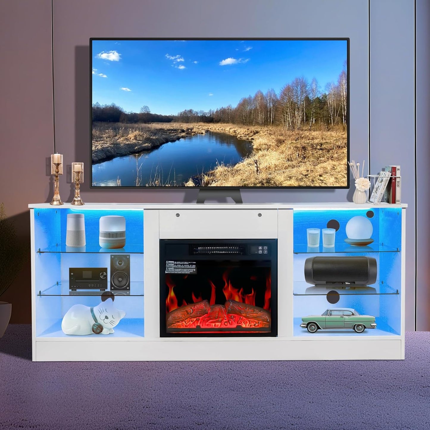 Fireplace TV Stand with LED Lights, Modern Entertainment Center with Electric Fireplace for TV up to 65", TV Console Table with Open Storage Shelves for Living Room Bedroom (White)
