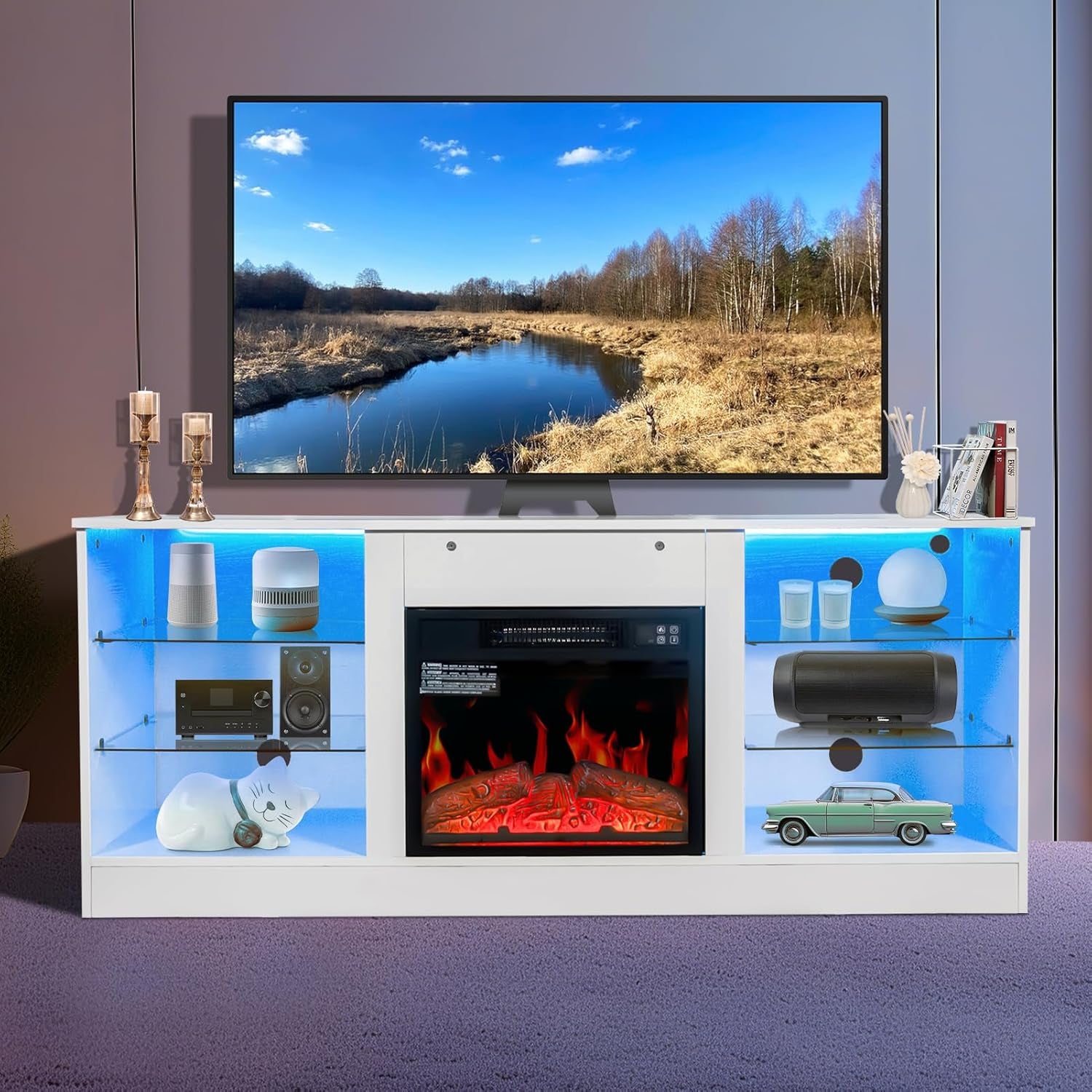 Fireplace TV Stand with LED Lights, Modern Entertainment Center with Electric Fireplace for TV up to 65", TV Console Table with Open Storage Shelves for Living Room Bedroom (White)