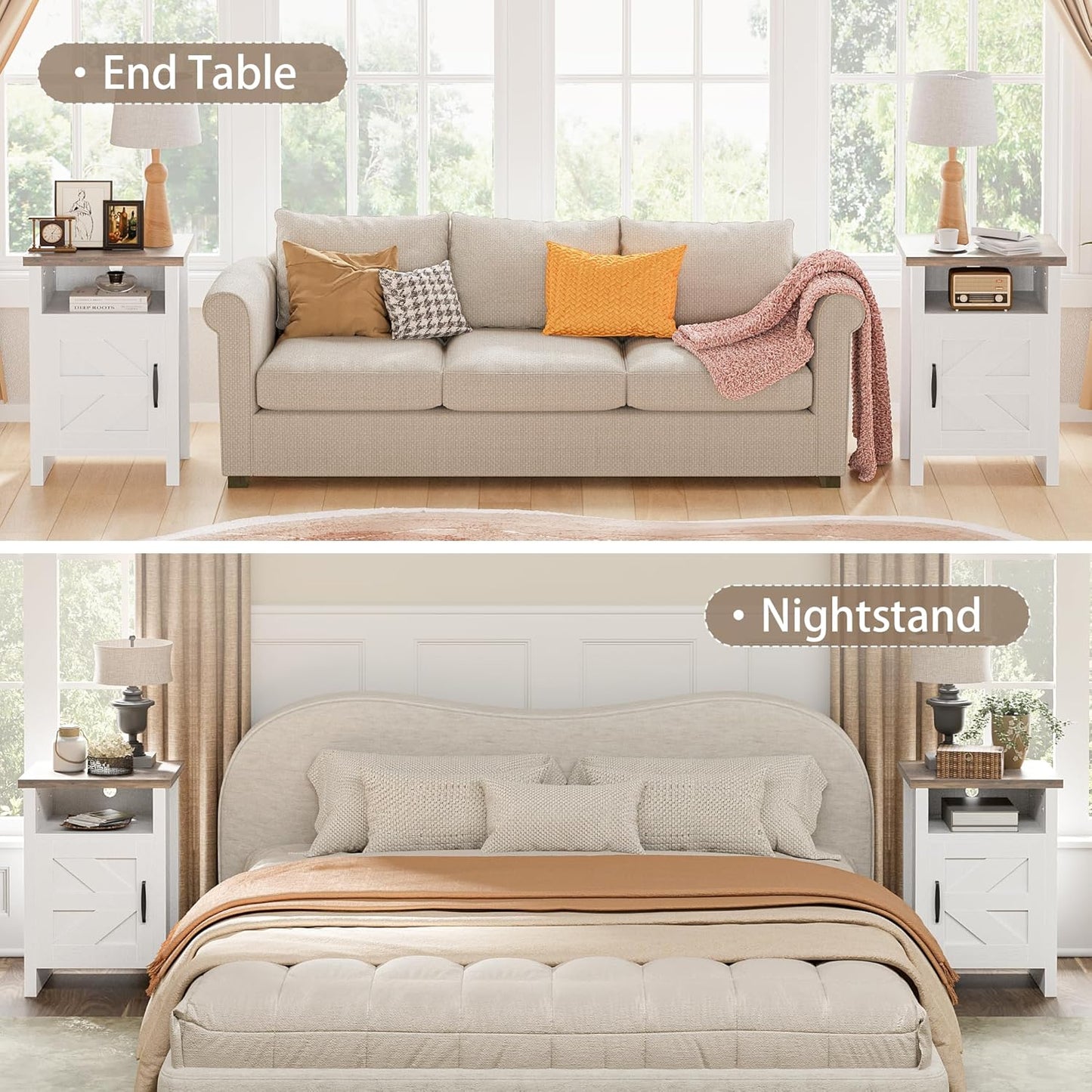 Farmhouse Nightstand, Modern Bedside Table with Barn Door and Shelf, Rustic End Table Side Table for Bedroom, Living Room (2, White)