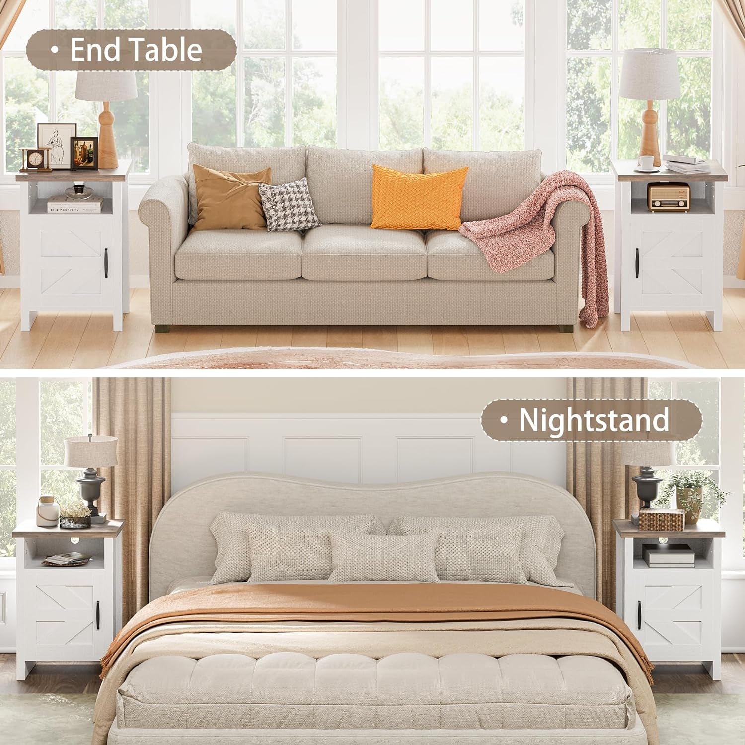 Farmhouse Nightstand, Modern Bedside Table with Barn Door and Shelf, Rustic End Table Side Table for Bedroom, Living Room (2, White)