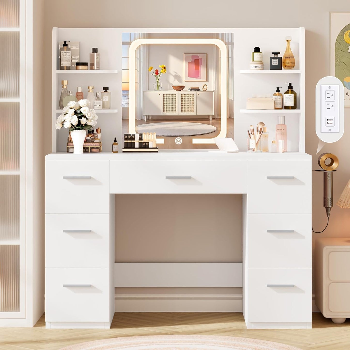 Large Makeup Vanity Desk, 43.3”W X 15.7“D X 53.2”H, White (Large Desktop, Samrt LED Mirror, 4 Open Shelves, 7 Drawers, Hairdryer Rack, Power-Outlet)